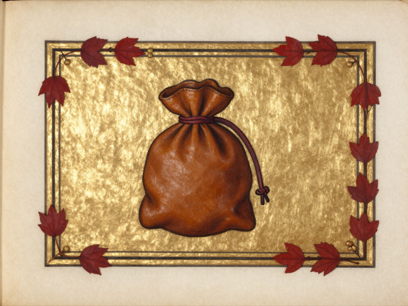 Illuminated manuscript panel: a leather money pouch bound with a vermilion cord, on burnished gold leaf