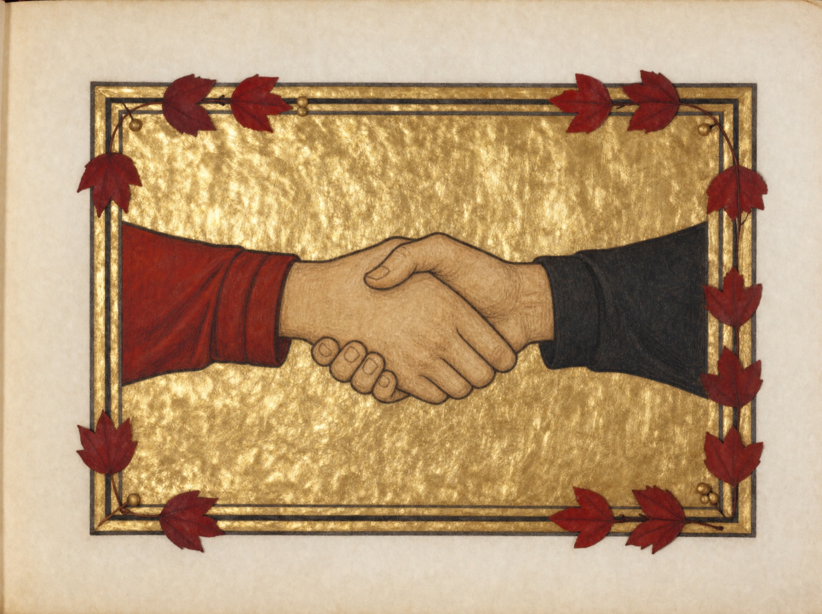 Illuminated manuscript panel: two clasped hands in the medieval fede gesture, red sleeve and black sleeve, on burnished gold leaf