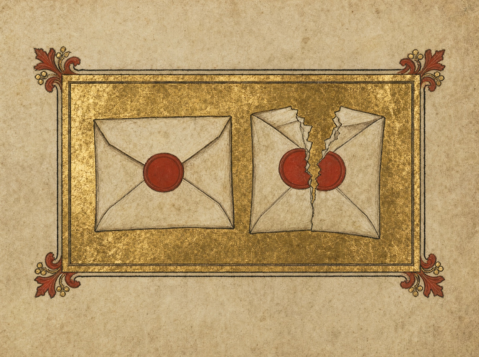 Illuminated manuscript panel: two sealed letters with red wax seals, one torn open, on burnished gold leaf
