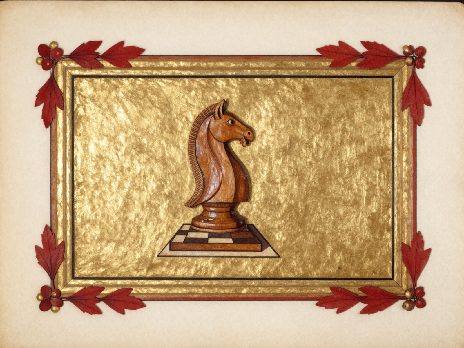 Illuminated manuscript panel: a carved knight chess piece standing on a chessboard base, on burnished gold leaf