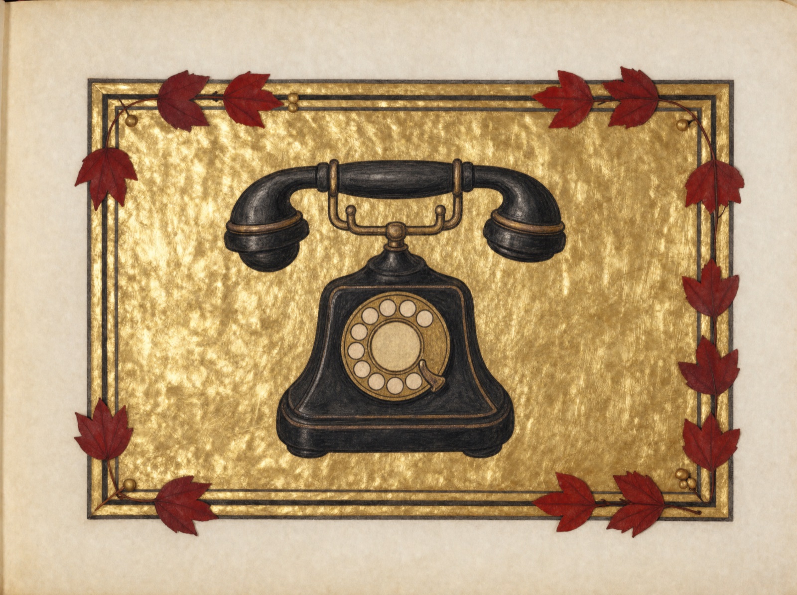 Illuminated manuscript panel: a black rotary telephone painted in egg tempera on burnished gold leaf