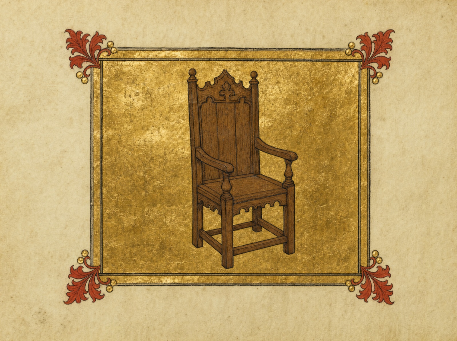 Illuminated manuscript panel: an empty carved oak chair on burnished gold leaf