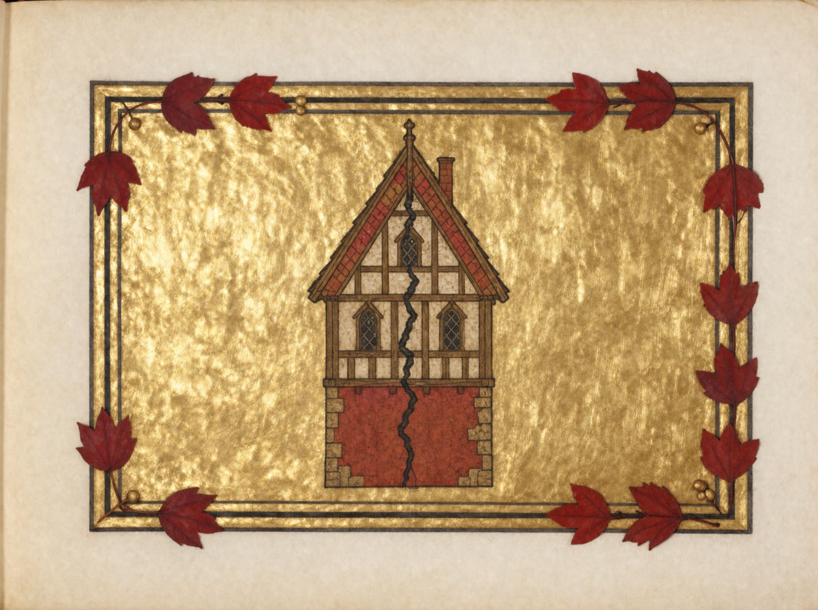 Illuminated manuscript panel: a timber-framed house with a dark crack running down through it, on burnished gold leaf