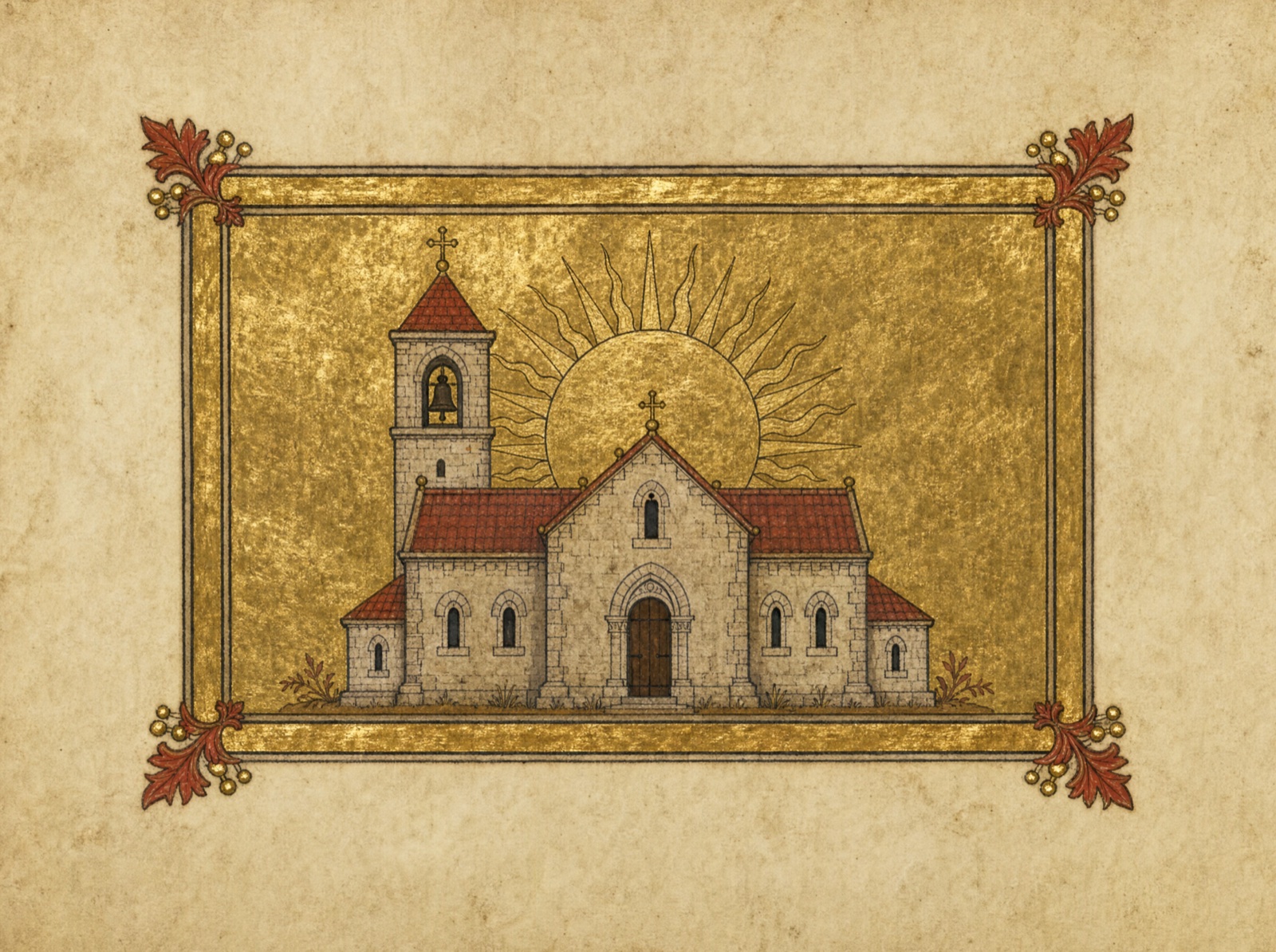 Illuminated manuscript panel: a stone church with a bell tower before a rising gold sun, on burnished gold leaf