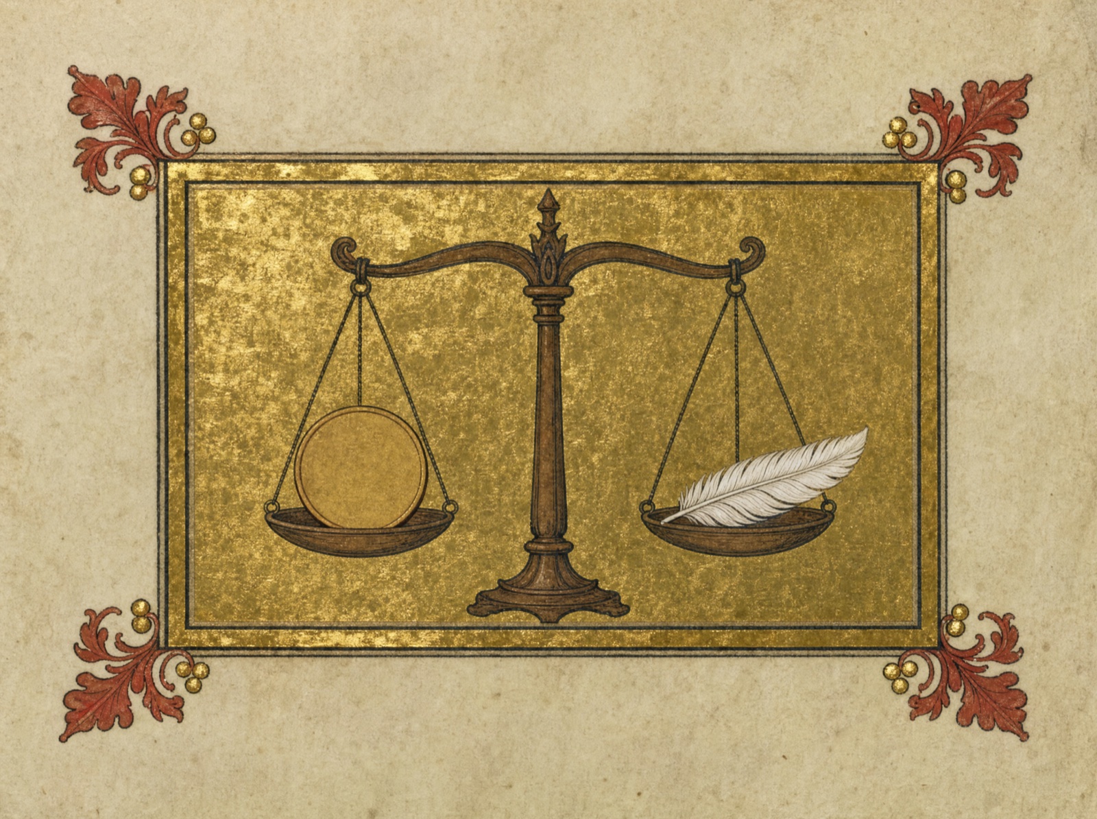 Illuminated manuscript panel: a balance scale weighing a gold coin against a white quill pen, on burnished gold leaf