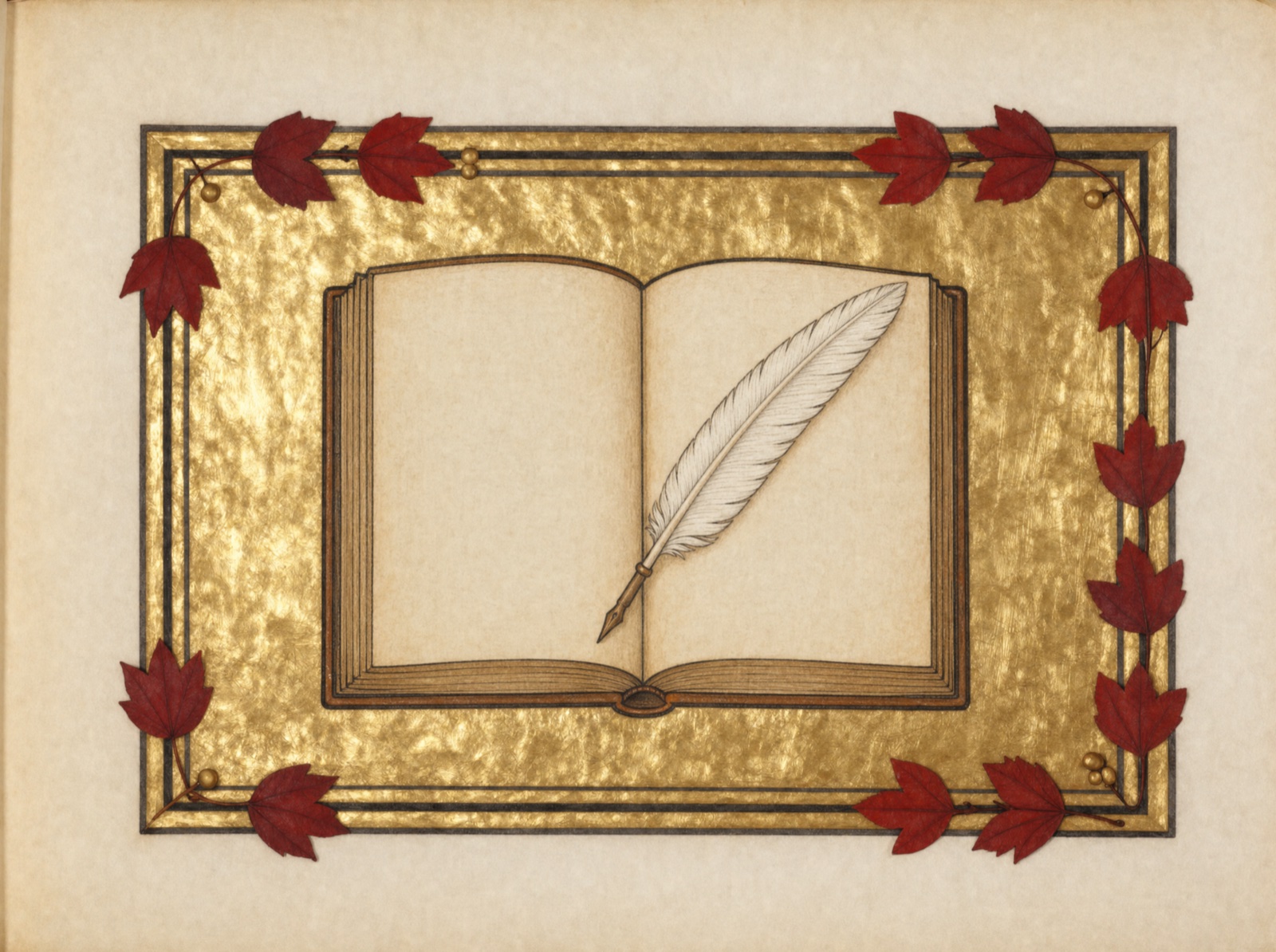 Illuminated manuscript panel: an open ledger with a white quill pen laid across its pages, on burnished gold leaf